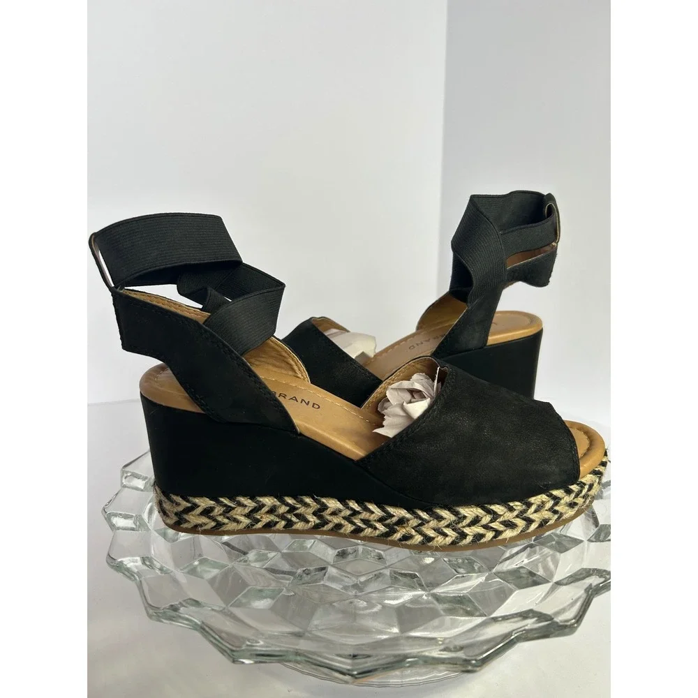 Lucky Brand LK-Bettanie Black Suede Espadrille Wedge Wrap Ankle Sandals